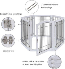 6 Panels Extra Wide Freestanding Walk Through Dog Gate with 4 Support Feet, Pet Playpen, Foldable Stairs Barrier Pet Exercise Pen for Dogs