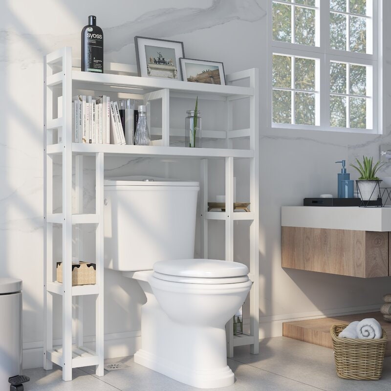 Solid Wood Over The Toilet Storage Freestanding Piece Features Six Smaller Side Shelves and Two Wider Upper Shelves