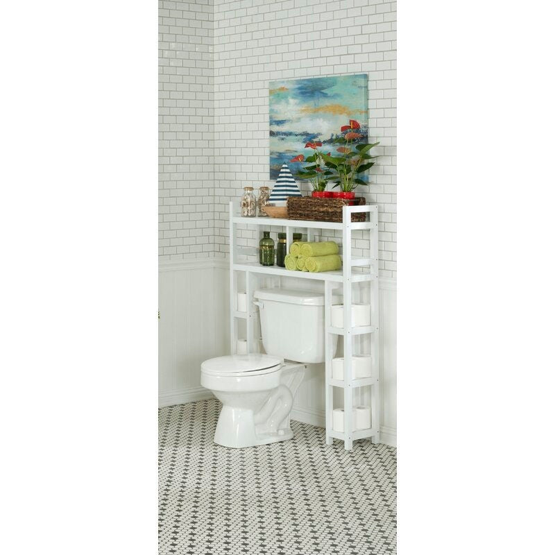 Solid Wood Over The Toilet Storage Freestanding Piece Features Six Smaller Side Shelves and Two Wider Upper Shelves