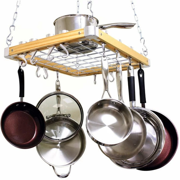 Ceiling Mount Wooden Pot Rack 4 Chain, 8 Pot Hook Eight Universal Pot Hooks for Ample Storage Hang Your Extra Cookware