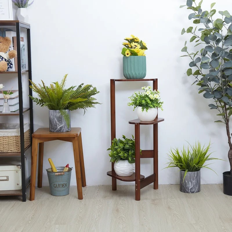 Brown Rectangular Multi-Tiered Bamboo Plant Stand 3 Tier Shelve Perfect for Organizing and Displaying Everything From Thriving House Plants