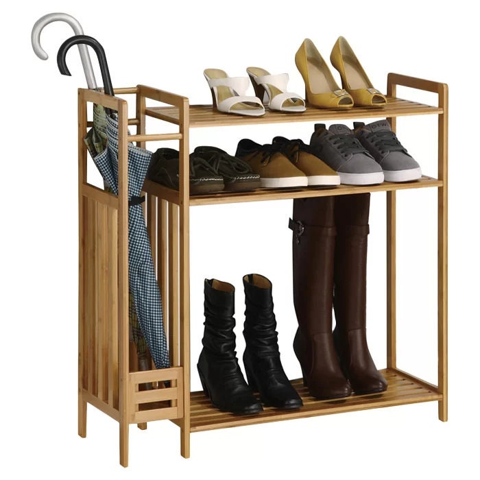 3-Tier 9 Pair Shoe Rack Perfect Solution For Your Entryway or Mud Room to Store Your Shoes, Boots, Umbrellas, Canes, Purses, and Hats