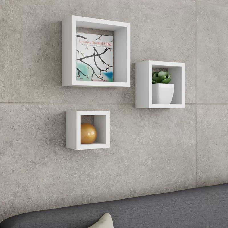 White Akasha 3 Piece Wall Shelf Set Perfect to Stylishly Display Your Favorite Books, Decorative Accents, Photos, Trophies, Keepsakes