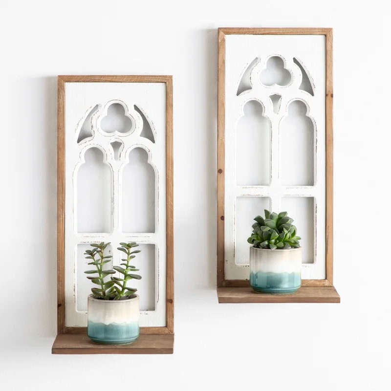 2 Piece Fir Solid Wood Accent Shelf Decorate Your Walls with a Tasteful Farmhouse Vibe Window Wall Decor with Elegant Panels and Two-Tone