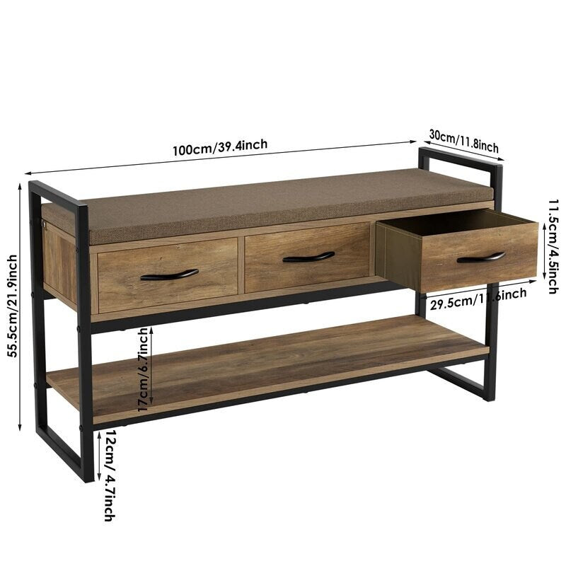 Rustic Brown 5 Pair Shoe Storage Bench Great Your Entryway 4 to 5 Pairs of Shoes Removable and Washable. Three Pull-Out Drawers Organize