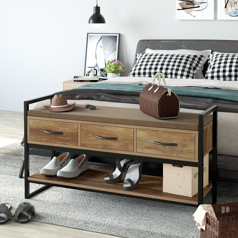 Rustic Brown 5 Pair Shoe Storage Bench Great Your Entryway 4 to 5 Pairs of Shoes Removable and Washable. Three Pull-Out Drawers Organize