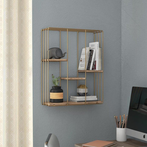 Gold Square Wall Shelf Powder Coated, Gold Brushed Three Tired Iron Framework Staggered Shelving with Balanced Design