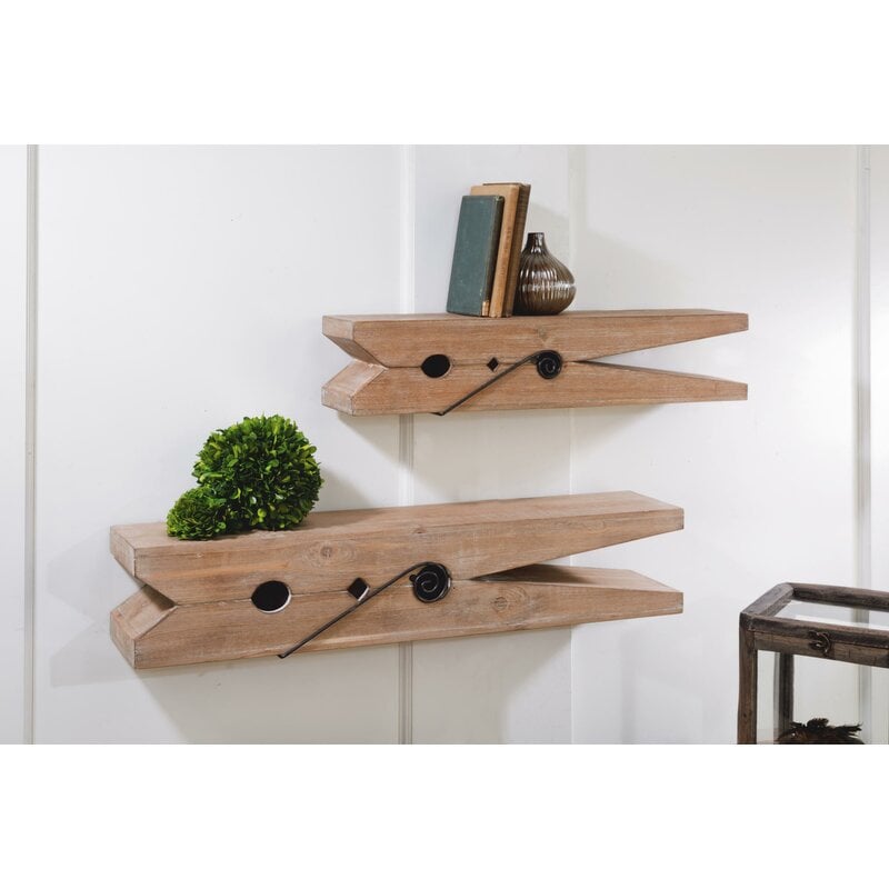 2 Piece Clothespin Wall Shelf Set Perfect to Hang Kids Artwork, Photos, or Notes Can Hang on The Wall and or Sit on The Tabletop as a Riser