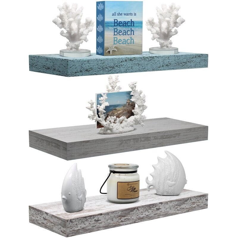3 Piece Blue, Gray, White Floating Shelf Great for Any Living Room, Bedroom, Hallway Perfect Platform for Storage and Display