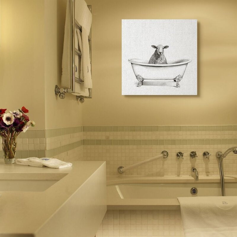 Sheep In Bath Tub Farm Animal Bathroom Painting Stretched Canvas, Framed Giclée and Wall Plaques Perfect for Bathroom