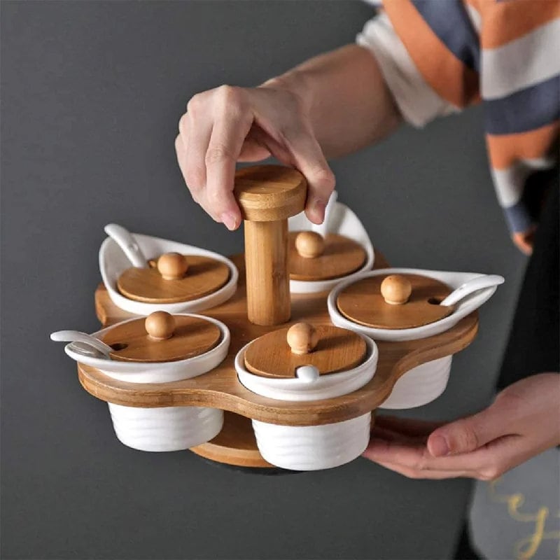 5 Pcs Ceramic Condiment Pots Spice Jars With Bamboo Rack 360 Rotatable &  Serving Spoons, Sugar Bowl Salt Seasoning Container For Kitchen