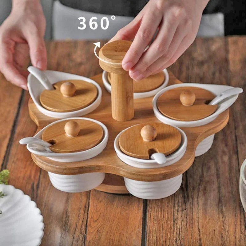 5 Pcs Ceramic Condiment Pots Spice Jars With Bamboo Rack 360 Rotatable & Serving Spoons, Sugar Bowl Salt Seasoning Container For Kitchen
