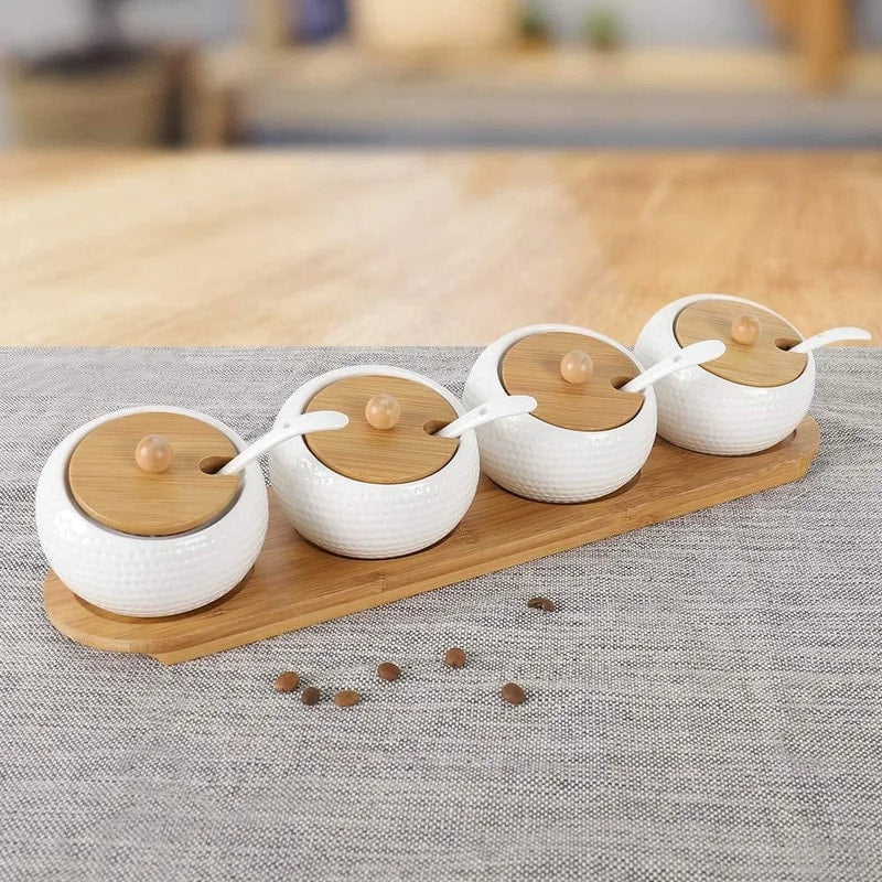 Set of 4 Ceramic Storage Jar Holds More of your Favorite Spices and Condiments. Used at , Hotel, Cafe, Buffet, The Party Serving for Sugar