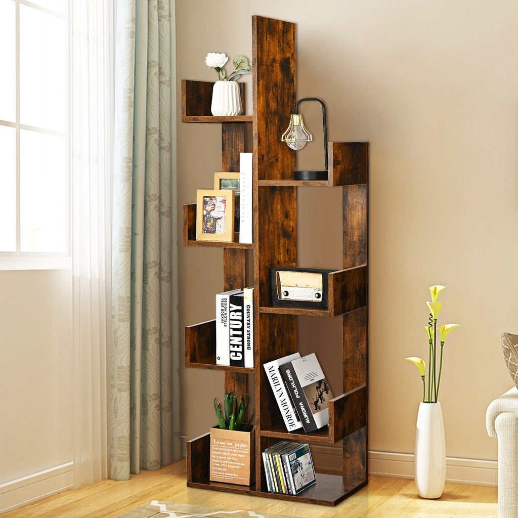 8-Shelf Industrial Tree-Shaped Bookshelf with Anti-Toppling Fitting