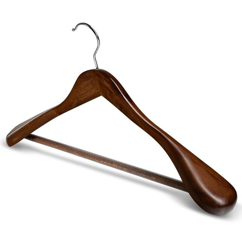 Set of 12 Brown Wood Non-Slip Standard Hanger for Suit, Coat. Curving Hangers Wide Shoulders 360-Degree Swivel Stainless Steel Hook