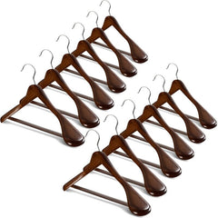 Set of 12 Brown Wood Non-Slip Standard Hanger for Suit, Coat. Curving Hangers Wide Shoulders 360-Degree Swivel Stainless Steel Hook