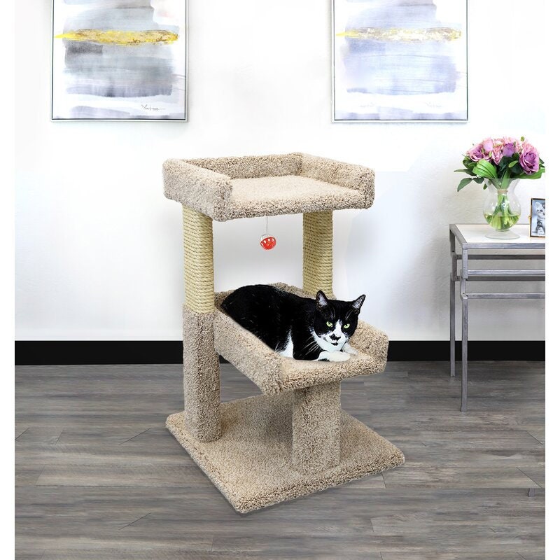 Solid Wood Cat Tree 2 Levels to Play, Jump and Relax 2 Un-Oiled, Thick Sisal Rope Scratching Posts, 2 Large Perches for Your Kitty