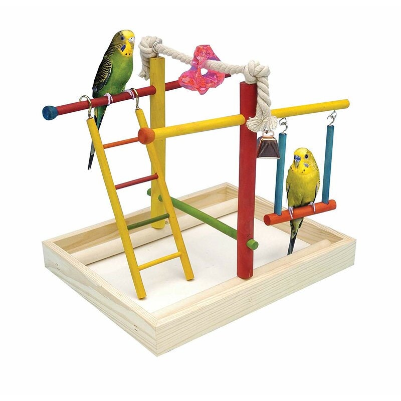 10'' Wood Bird Play Gym for Table Top 3 Perch 1 Swing 1 Ladder 2 Toy 4-Step Ladder, Cotton Rope with Acrylic Toy and Play Swing