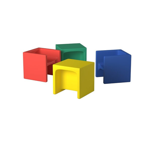 Set of 4 Red, Blue, Yellow, Green Cube Chair Kids Desk Chair as a table. With a Set of 4 use One As a Table and 3 As Chairs. Durable