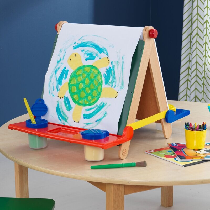 Tabletop Double Sided Board Easel 4 Sealable, Spill-Proof Paint Cups Chalkboard Has a Dry Erase Surface. A Standard Size Roll of Art Paper