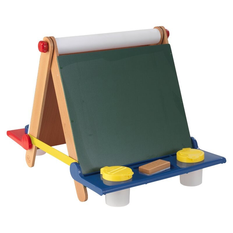 Tabletop Double Sided Board Easel 4 Sealable, Spill-Proof Paint Cups Chalkboard Has a Dry Erase Surface. A Standard Size Roll of Art Paper