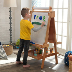 Natural Double Sided Board Easel Two Paint Cup Holds that Prevent the Paint from Spilling Has a Paper Dispenser that Holds The Art Paper
