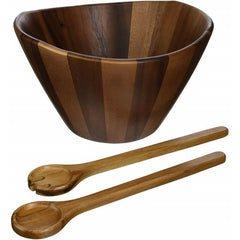 3 Piece Acacia Wave Salad Bowl Set Perfect for Dishing out your Favorite Salad. Serving Spoon, Fork, and Bowl all Crafted from Solid Acacia