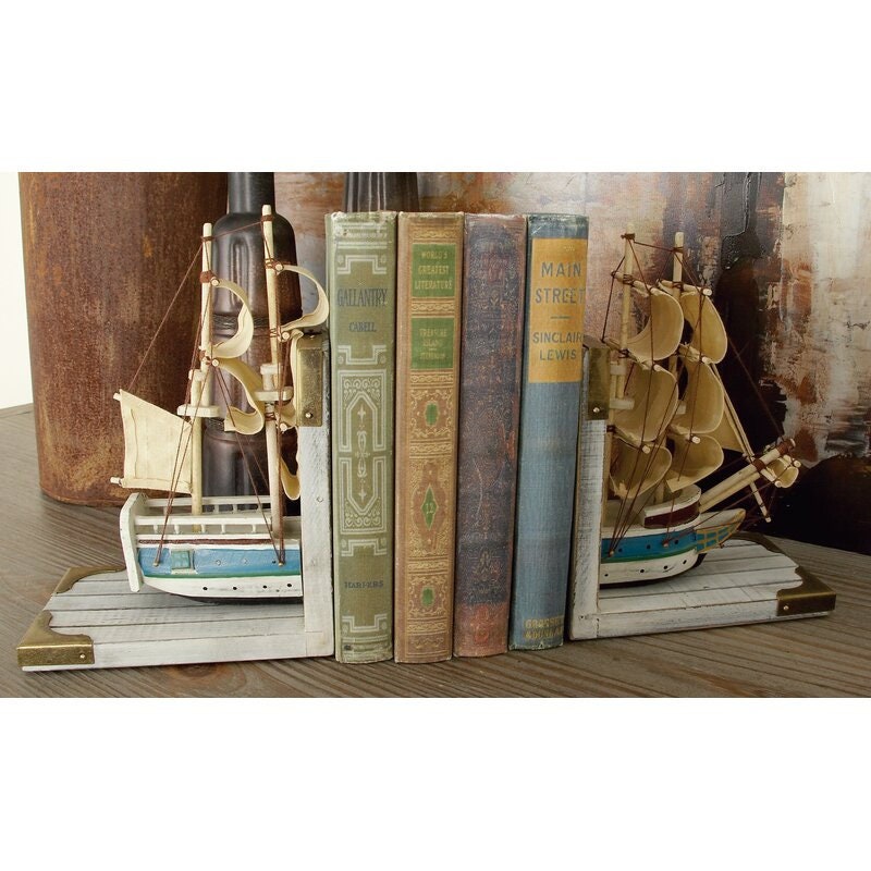 Nautical Non-skid Bookends These Nautical Bookend for Shelves Feature a Ship Cut on the Midsection and Placed on L-Shaped Wood Slat Platform