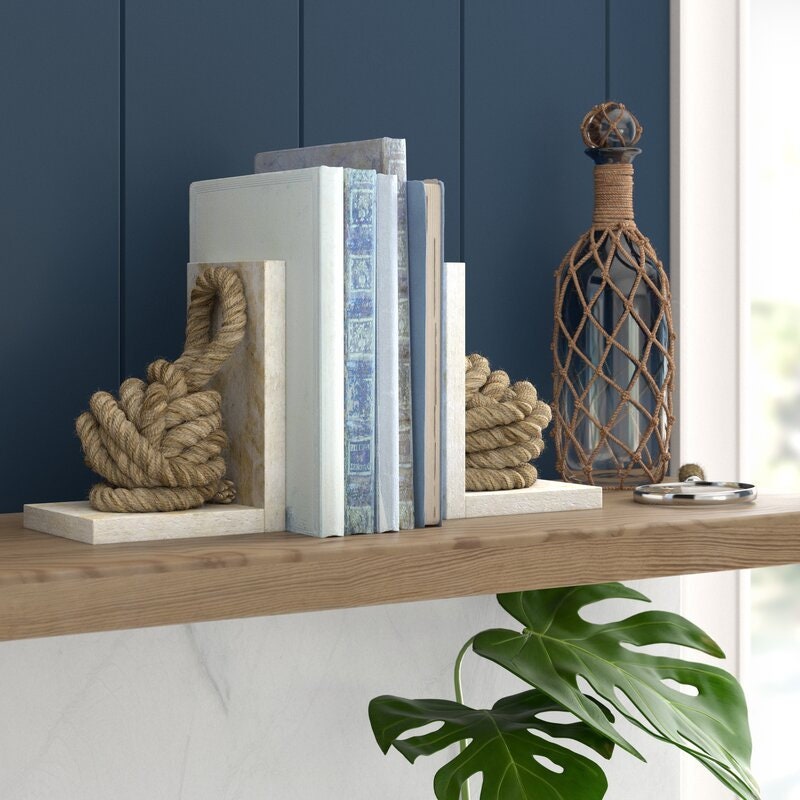 Wood Bookends 2 Rope Knot Bookends Adds the Right Amount of Nautical Accent to Any Home or Office Real Rope Ball Details on Each Bookend