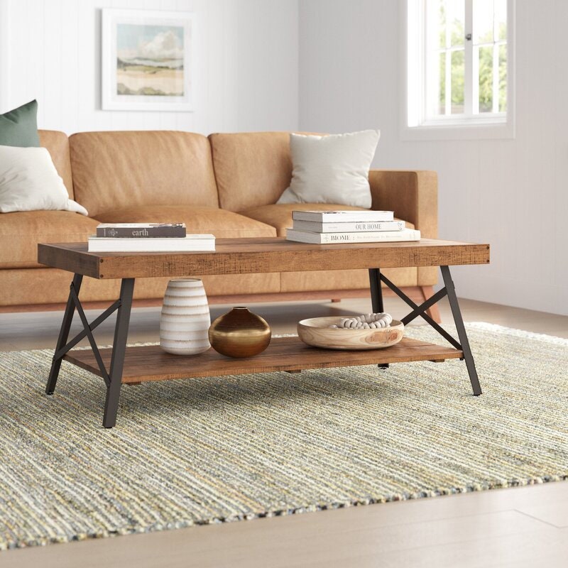Laguna Coffee Table with Storage Four Flared Legs with X-Shaped Supports to Create a Farmhouse Open Bottom shelf