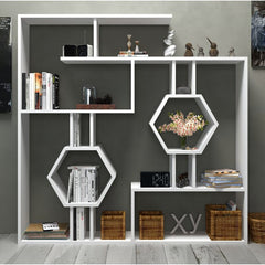 White Geometric Bookcase Show off Framed Photos, Potted Plants, Artful Accents Eight Tiers of Different Height  two Octagonal Shelves