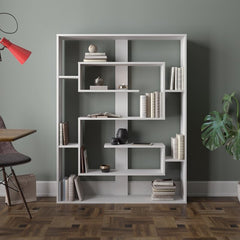 White Geometric Bookcase Perfect for Display Framed Photos, Potted Plants  Eight Tiers of Different Height Space Saving