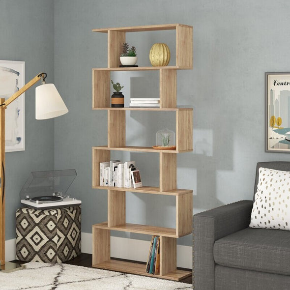 Geometric Bookcase Perfect for your Hallway Entrance, Living Room, Office, Bedroom S-Shaped with 6 Shelves, Offers Displaying and Storing