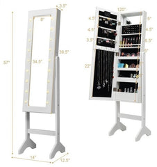 Mirrored Jewelry Cabinet Armoire Organizer with LED Lights 7 Hooks, 40 Ring Slots, 16 Lipstick Slots, 4 Storage Racks Full Size Mirror