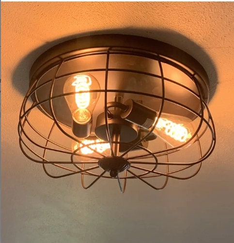 3 - Light 15'' Caged Geometric Flush Mount Ceiling Flush Mount Fixtures Bring Industrial and Vintage Style Anti-Corrosion Performance