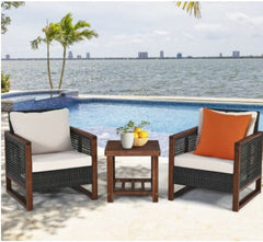 Beige 3 Pcs Patio Wicker Furniture Sofa Set with Wooden Frame and Cushion Coffee Table with 2 Shelves Provides Sufficient Storage Space