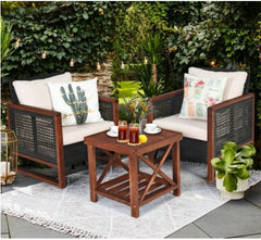 Beige 3 Pcs Patio Wicker Furniture Sofa Set with Wooden Frame and Cushion Coffee Table with 2 Shelves Provides Sufficient Storage Space
