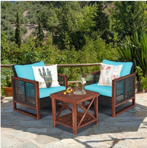 Turquoise 3 Pcs Patio Wicker Furniture Sofa Set with Wooden Frame and Cushion Coffee Table with 2 Shelves Provides Sufficient Storage Space