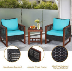 Turquoise 3 Pcs Patio Wicker Furniture Sofa Set with Wooden Frame and Cushion Coffee Table with 2 Shelves Provides Sufficient Storage Space
