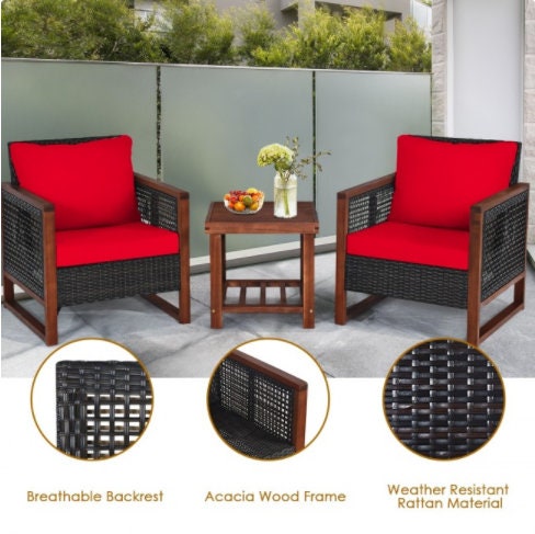 Red 3 Pcs Patio Wicker Furniture Sofa Set with Wooden Frame and Cushion Coffee Table with 2 Shelves Provides Sufficient Storage Space