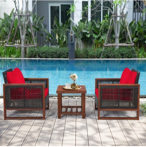 Red 3 Pcs Patio Wicker Furniture Sofa Set with Wooden Frame and Cushion Coffee Table with 2 Shelves Provides Sufficient Storage Space
