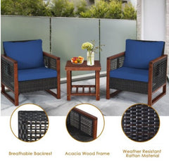 3 Pcs Patio Wicker Furniture Sofa Set with Wooden Frame and Cushion Coffee Table with 2 Shelves Provides Sufficient Storage Space