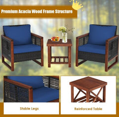 3 Pcs Patio Wicker Furniture Sofa Set with Wooden Frame and Cushion Coffee Table with 2 Shelves Provides Sufficient Storage Space