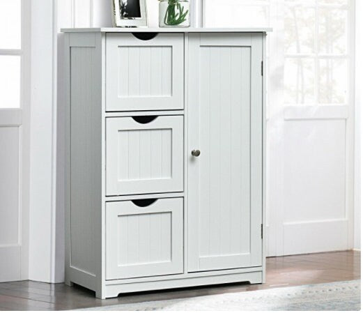 Bathroom Floor Cabinet Side Storage Cabinet with 3 Drawers and 1 Cupboard  Multipurpose Storage Cabinet Adjustable Shelf