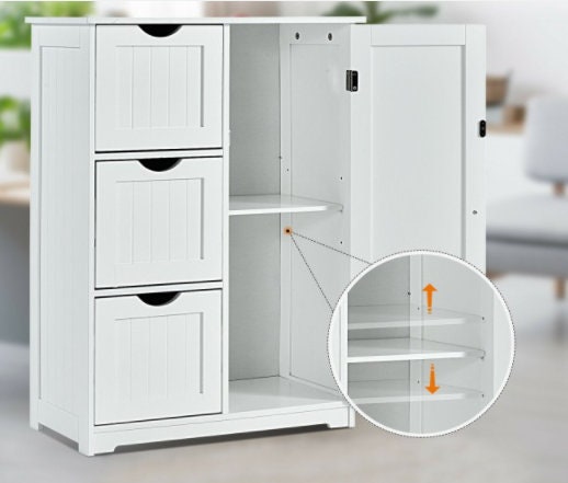 Bathroom Floor Cabinet Side Storage Cabinet with 3 Drawers and 1 Cupboard  Multipurpose Storage Cabinet Adjustable Shelf