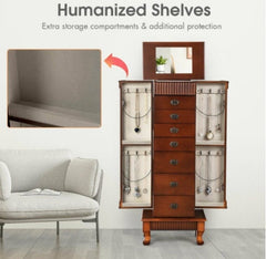 Free Standing Wooden Jewelry Armoire Cabinet Storage Chest with 7 Drawers and 2 Swing Doors 12 Heavy Duty Hooks And 2 Space-Saving Side Door