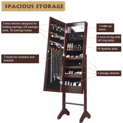 Mirrored Jewelry Cabinet Armoire Organizer with LED Lights 7 Hooks, 40 Ring Slots, 16 Lipstick Slots, 4 Storage racks
