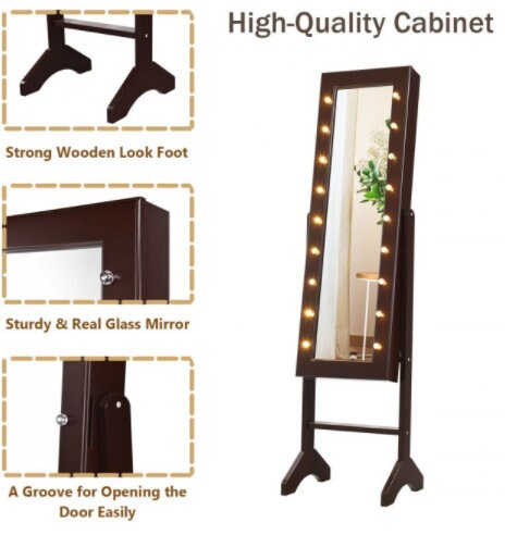 Mirrored Jewelry Cabinet Armoire Organizer with LED Lights 7 Hooks, 40 Ring Slots, 16 Lipstick Slots, 4 Storage racks