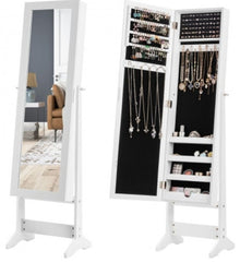 Mirrored Standing Jewelry Cabinet Storage Box  6 Lined Shelve for Holding Earrings. 25 Hooks for Hanging Necklace and Bracelet