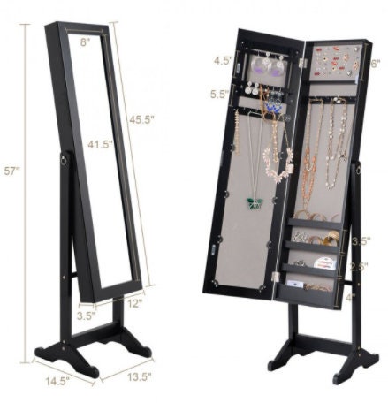Mirrored Standing Jewelry Cabinet Storage Box 6 Lined Shelve for Holding Earrings. 25 Hooks for Hanging Necklace and Bracelet